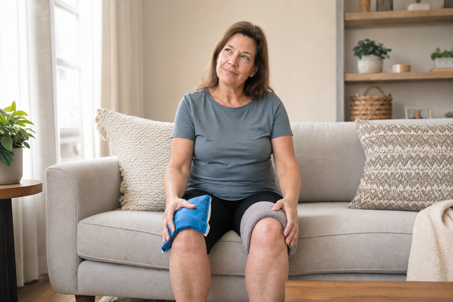 Woman holding ice pack and heating pad on knees for joint pain relief