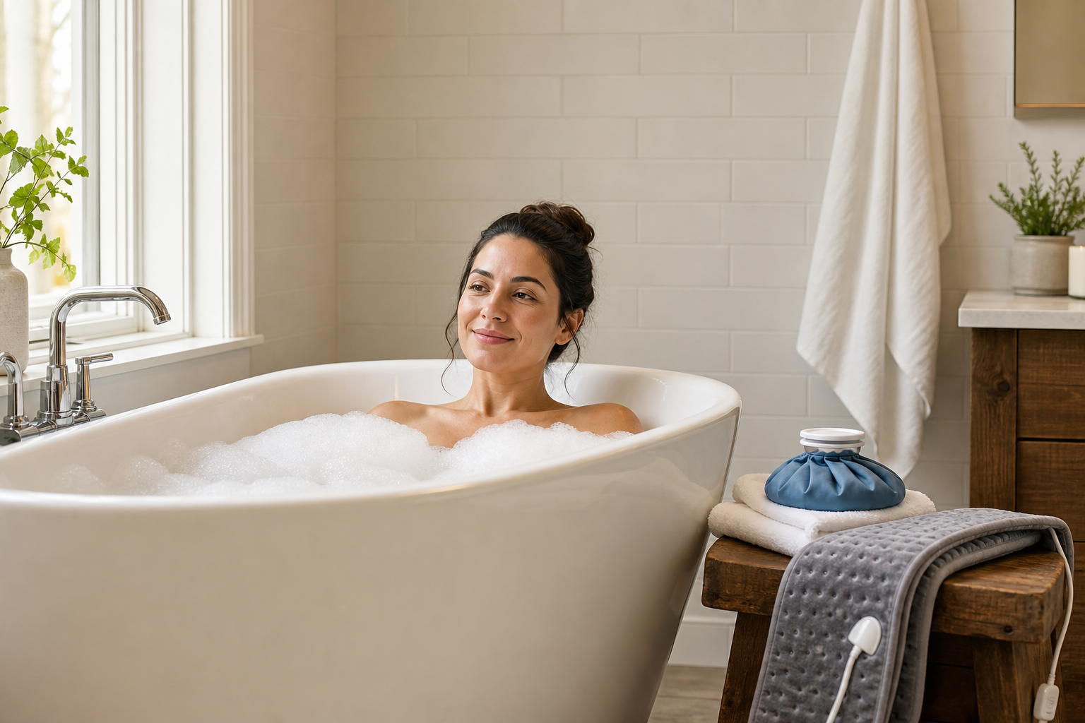 Warm bath, heating pad, and ice pack arranged for joint pain relief