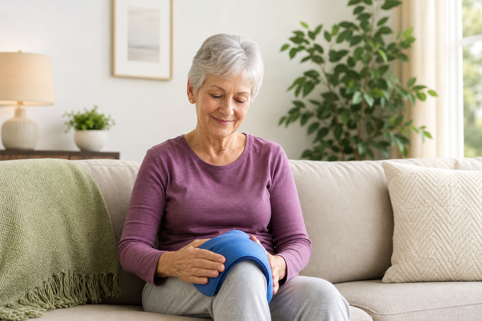 Senior person using a heating pad on knee for joint pain relief.