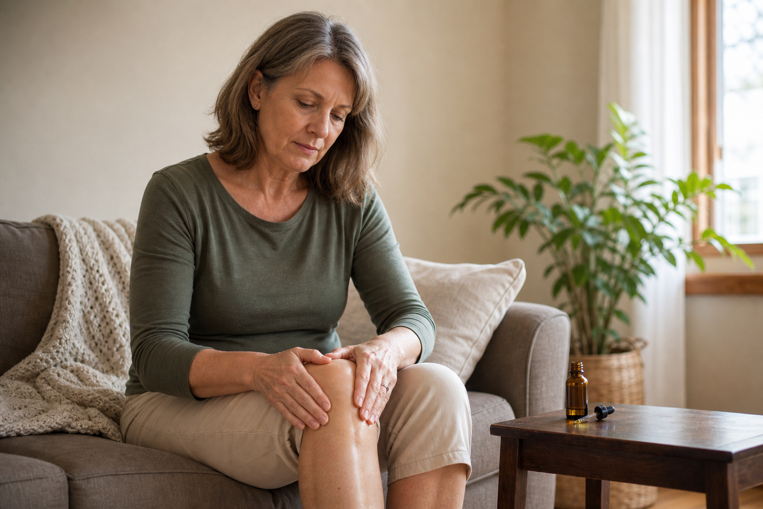 Woman massaging CBD oil onto her arthritic knee at home