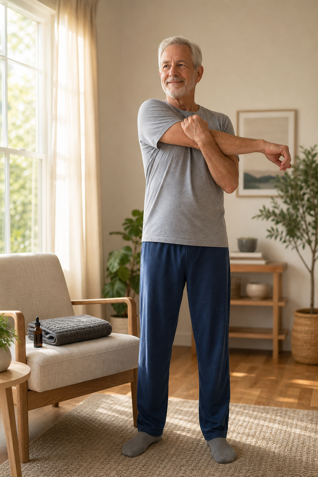 Older man stretching near window, CBD oil and heating pad nearby