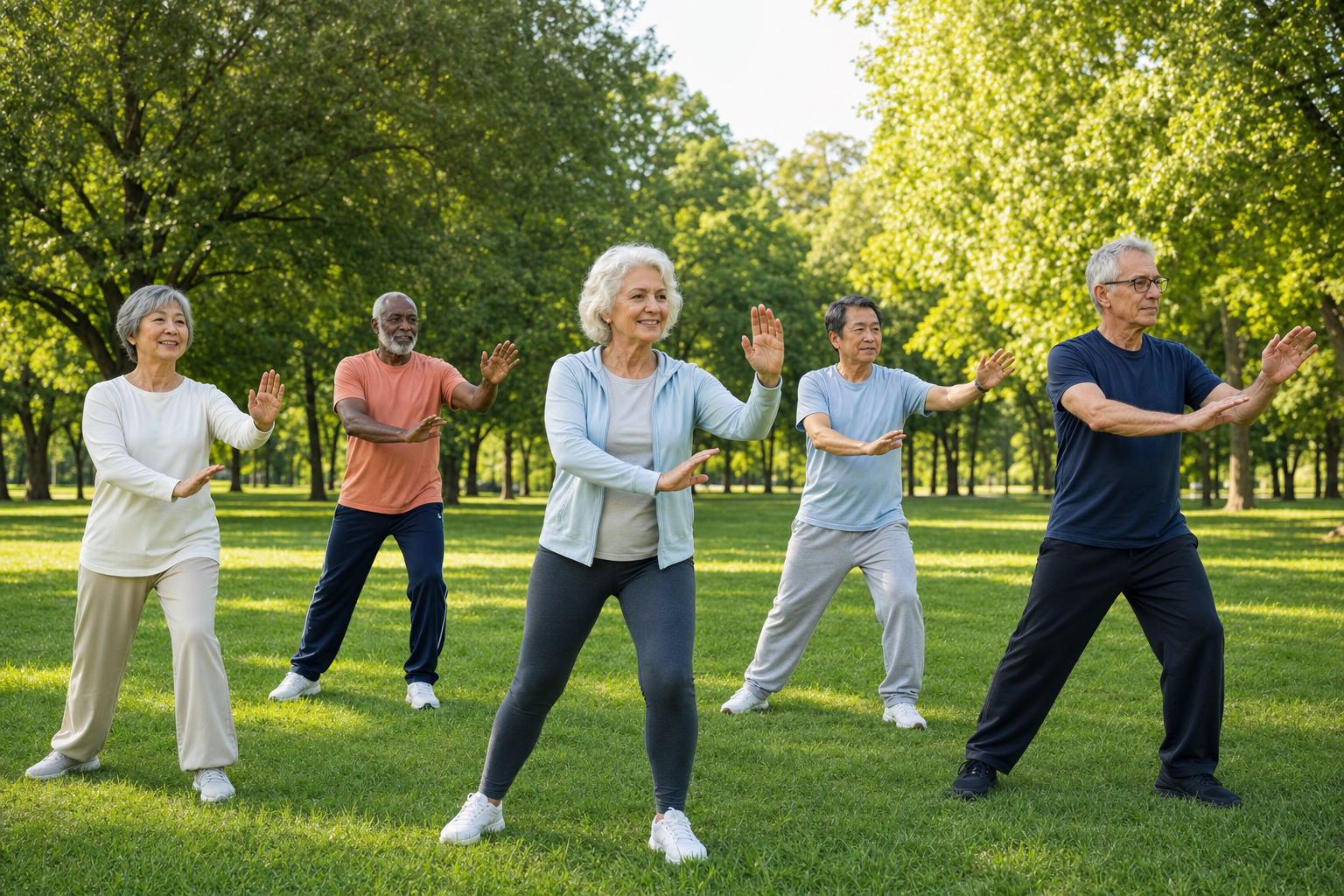 Older adults doing tai chi for arthritis and balance in a sunny park