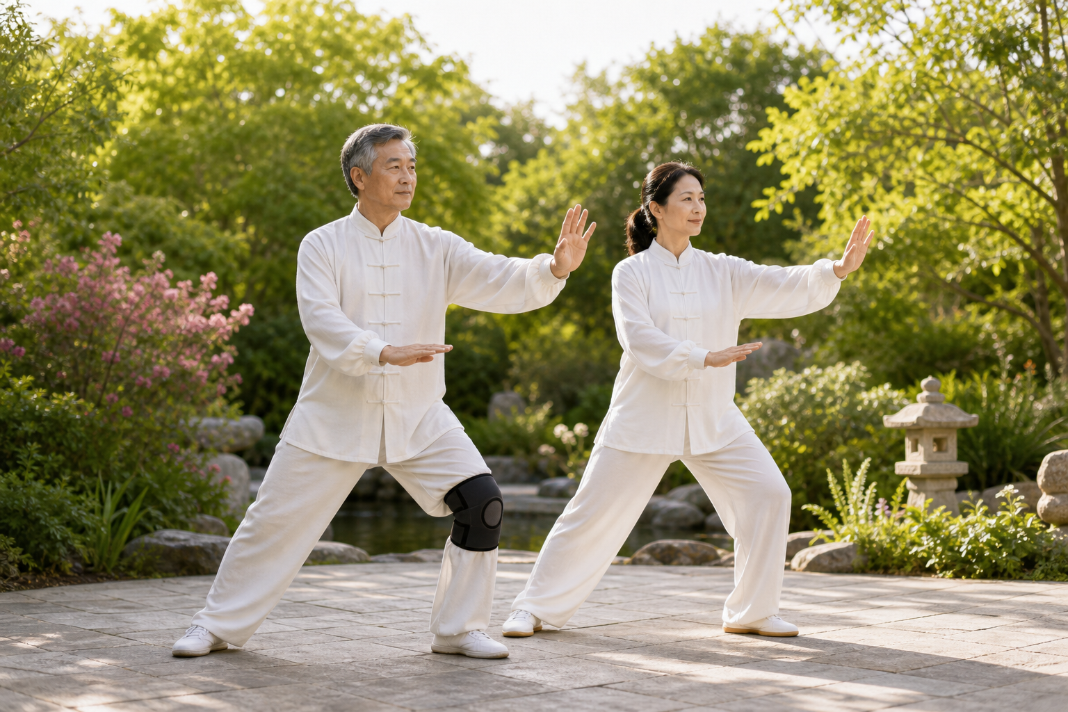 Tai chi for arthritis with knee support in a garden