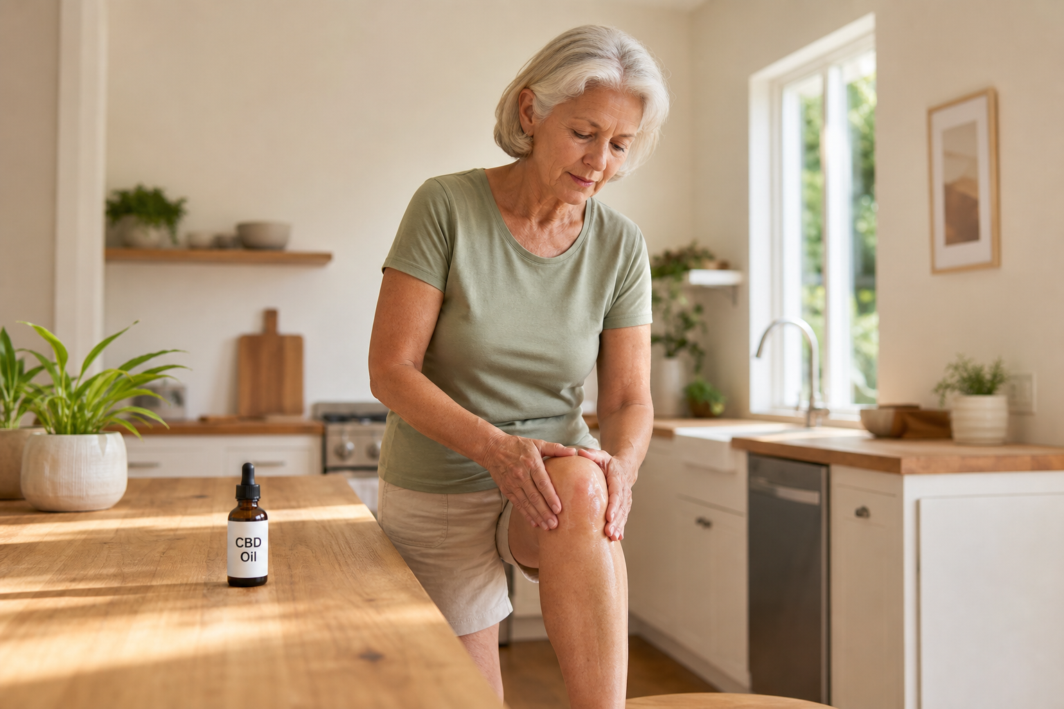 Woman applying CBD oil to swollen knee for joint pain relief