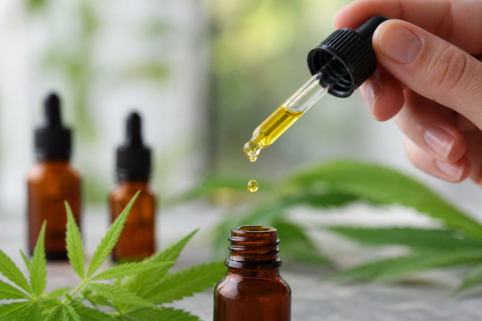 Hand using CBD oil dropper with hemp leaves and bottles