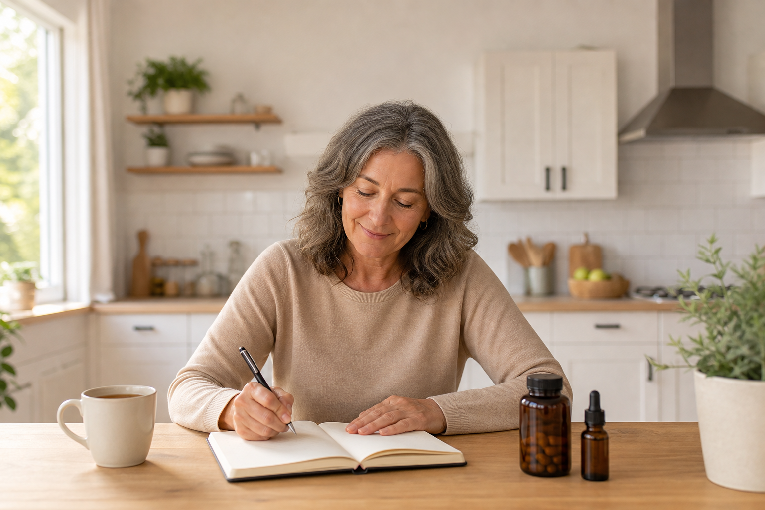 Person journaling joint pain, CBD oil bottle and supplements on table