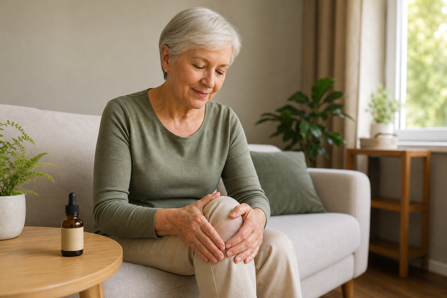Older hands massaging knee next to CBD oil bottle