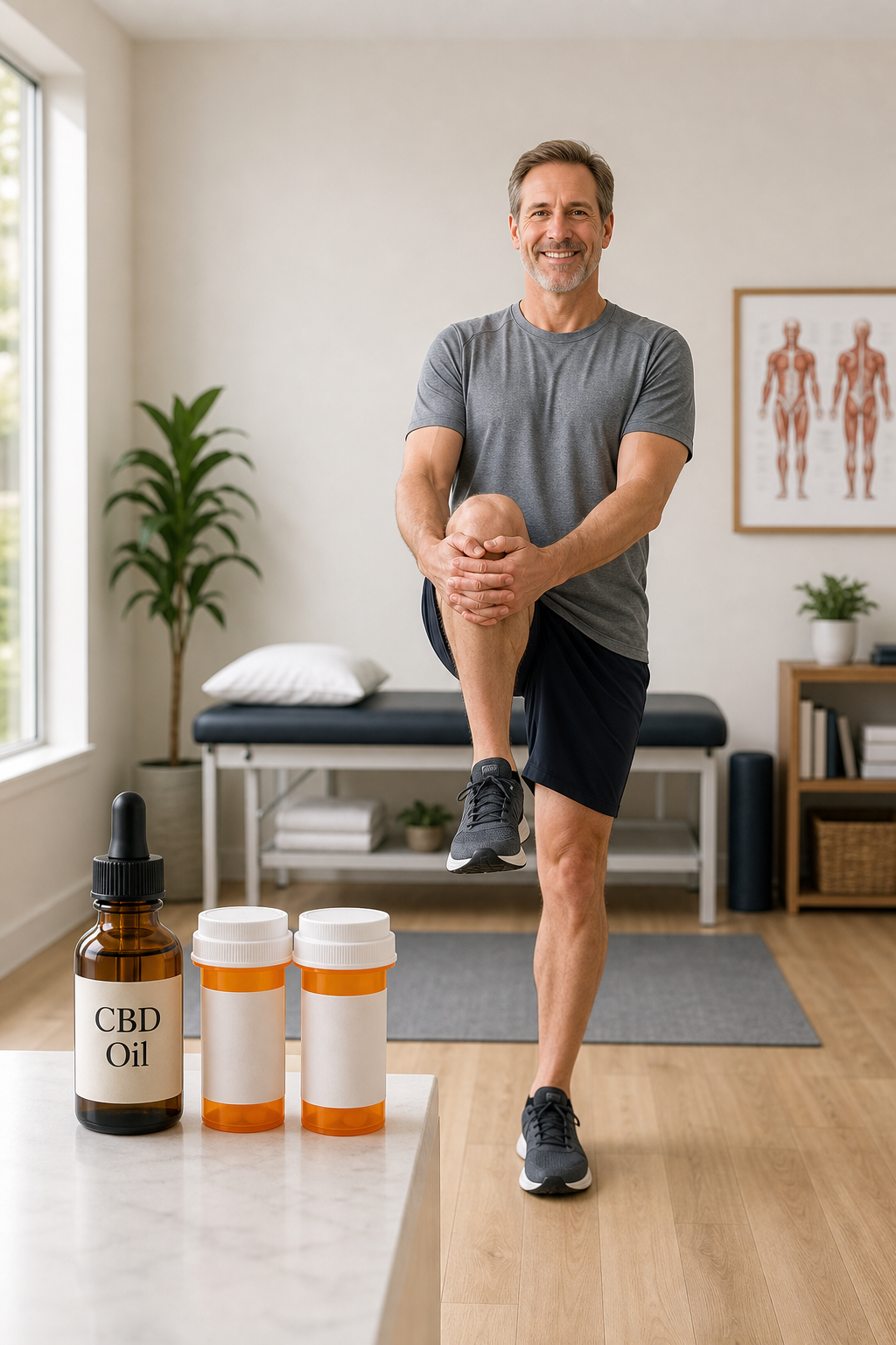 CBD oil bottle and prescription pills near person stretching knee