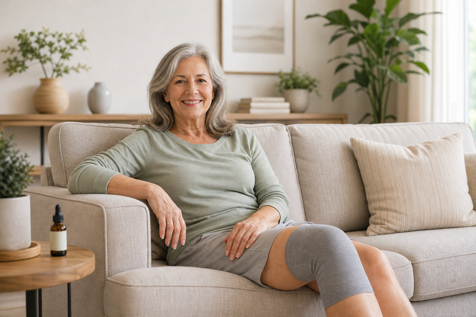 Older person wearing knee sleeve with CBD oil bottle on table