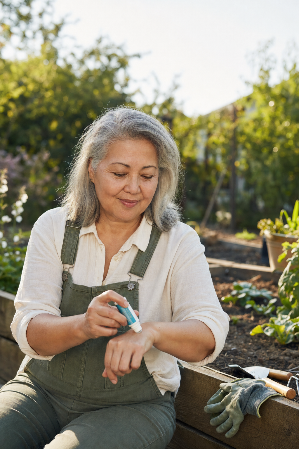 Applying topical pain relief to hands in garden