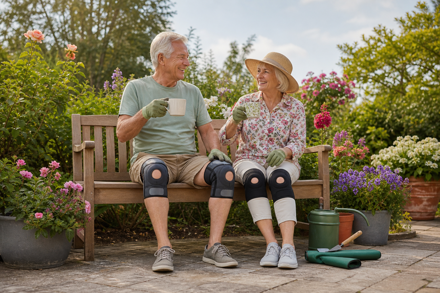 Older couple with knee braces relaxing after gardening