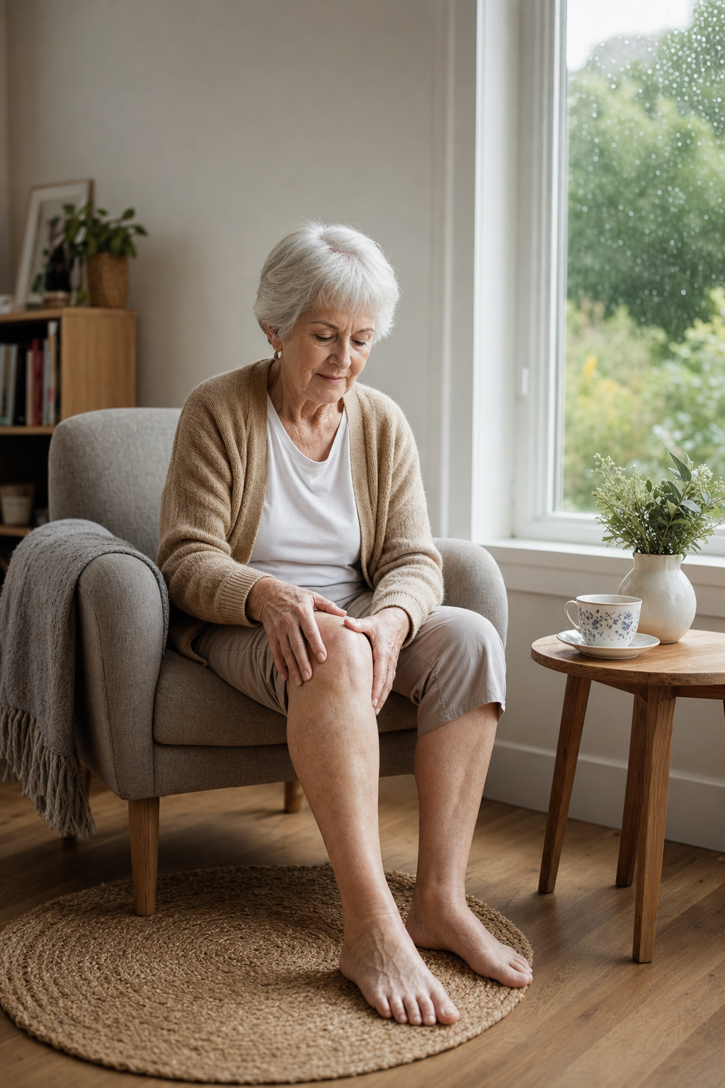 Senior woman with joint pain by rainy window