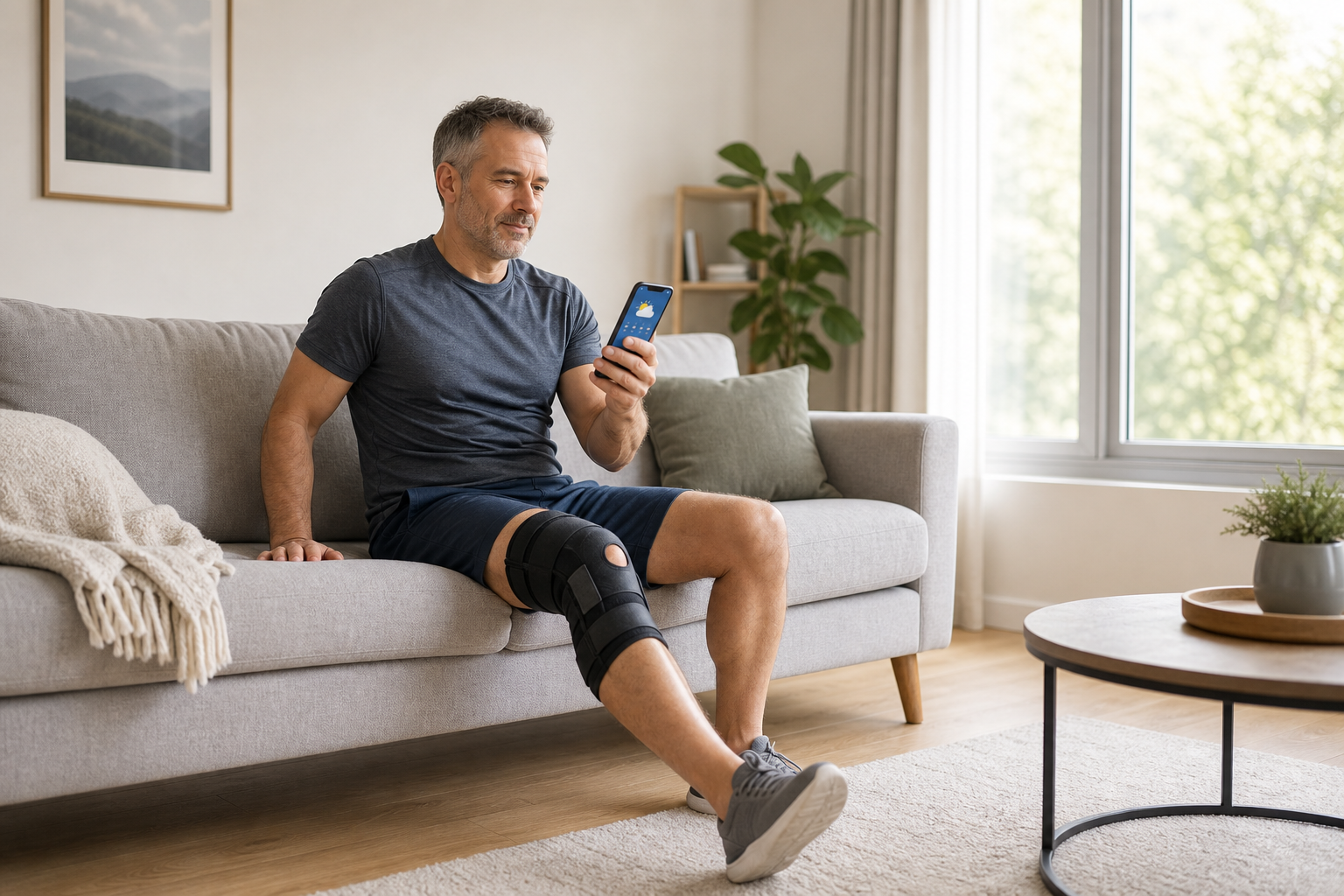 Man using knee brace and checking weather app
