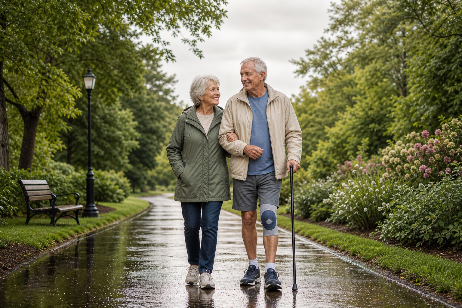 Older couple with joint pain walking after rain