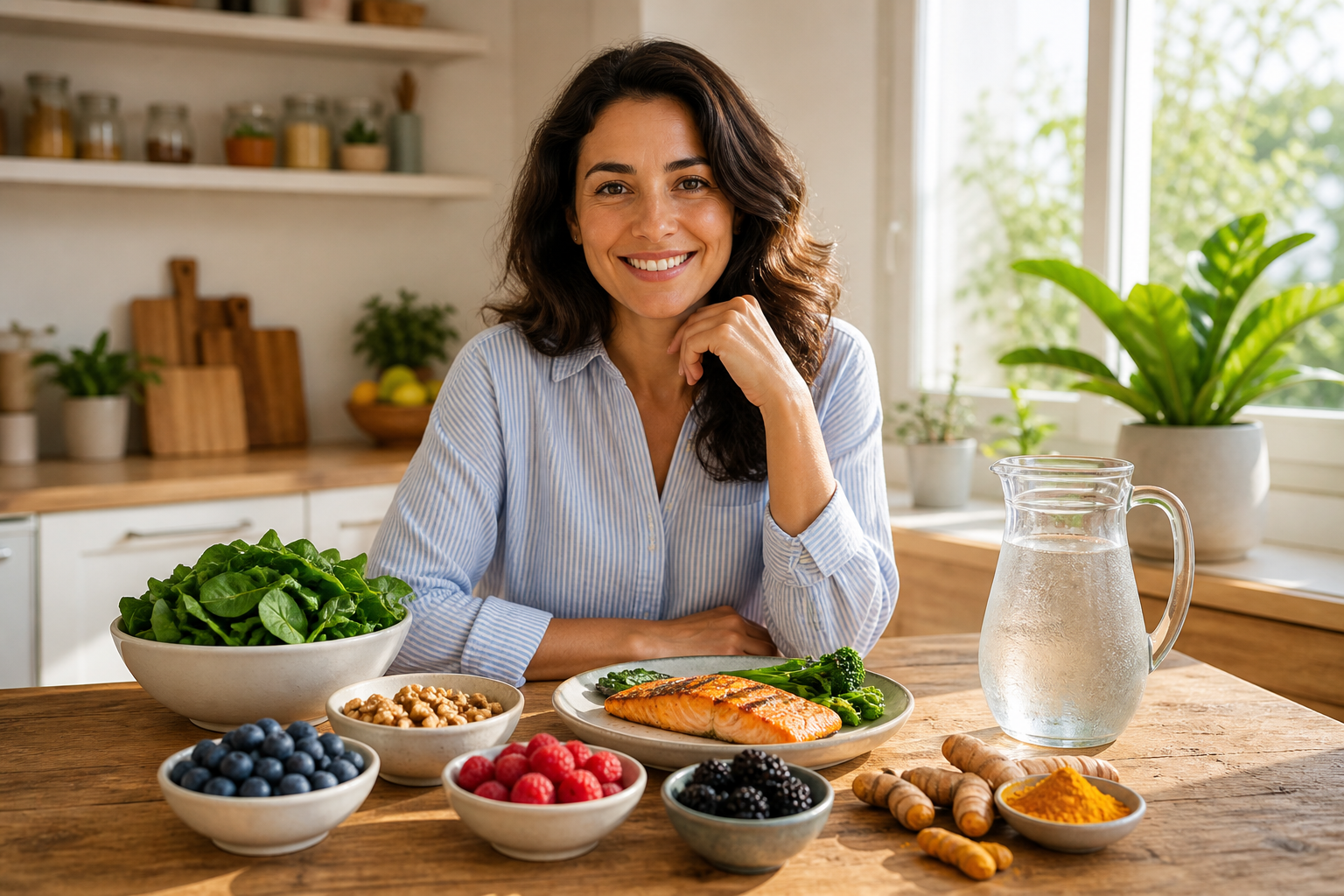 Healthy joint foods: salmon, berries, greens, walnuts, turmeric on table