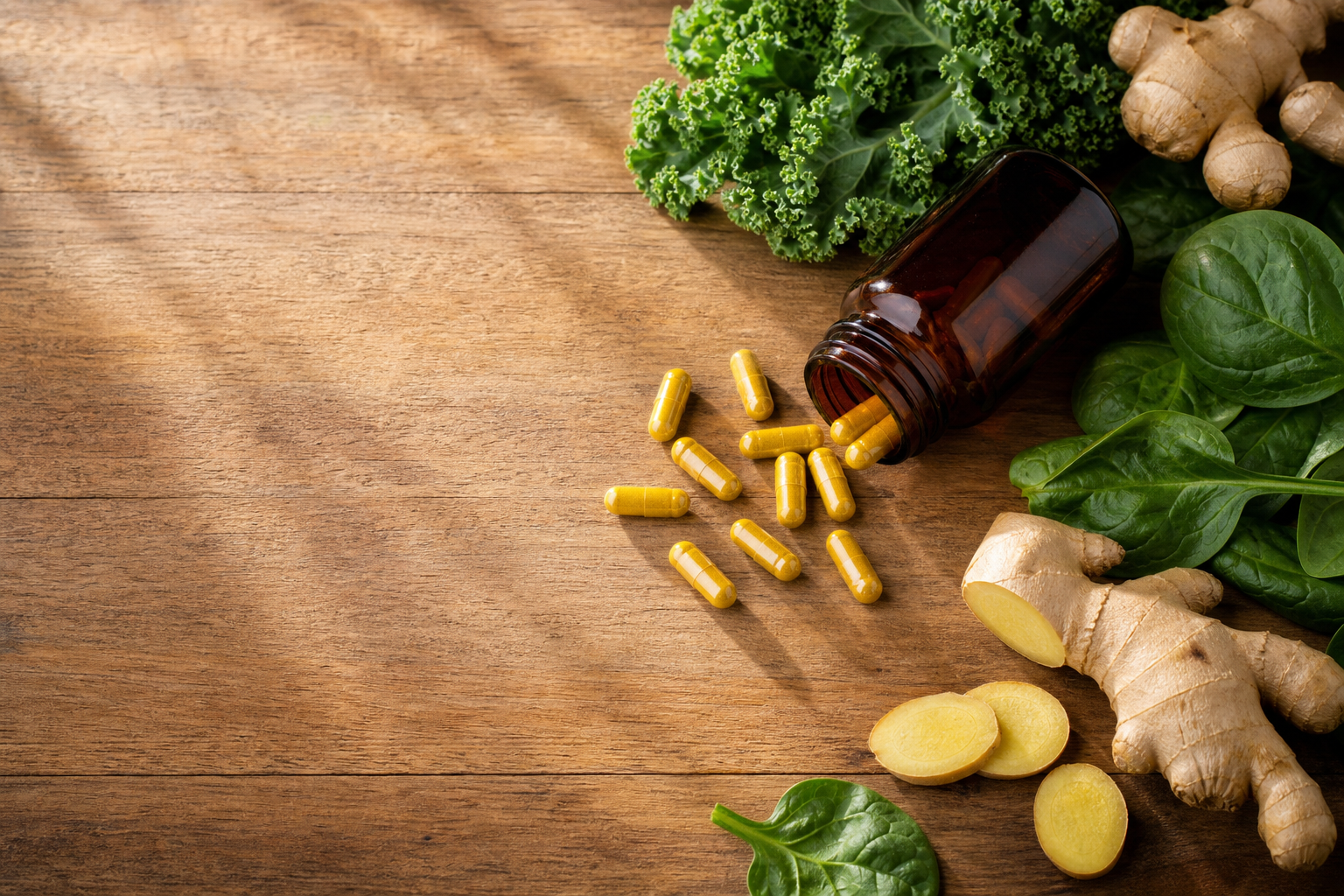 Turmeric and ginger joint health supplements on a wooden table