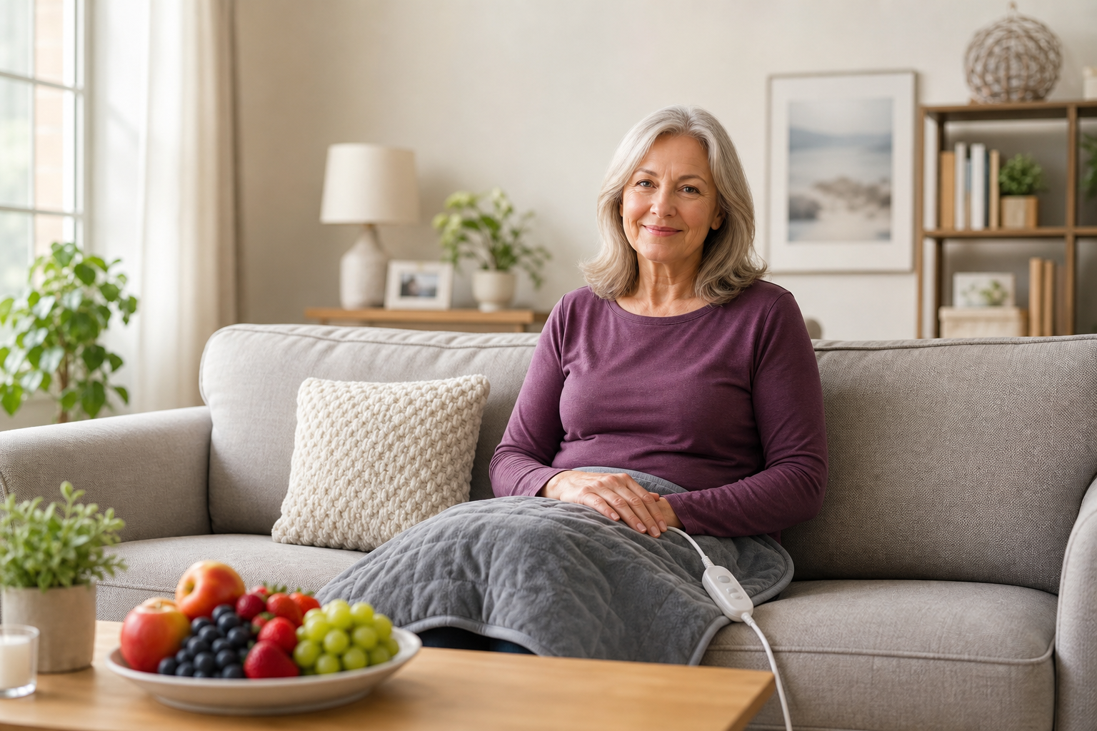 Older woman with heating pad on knees and bowl of fruit for joint relief