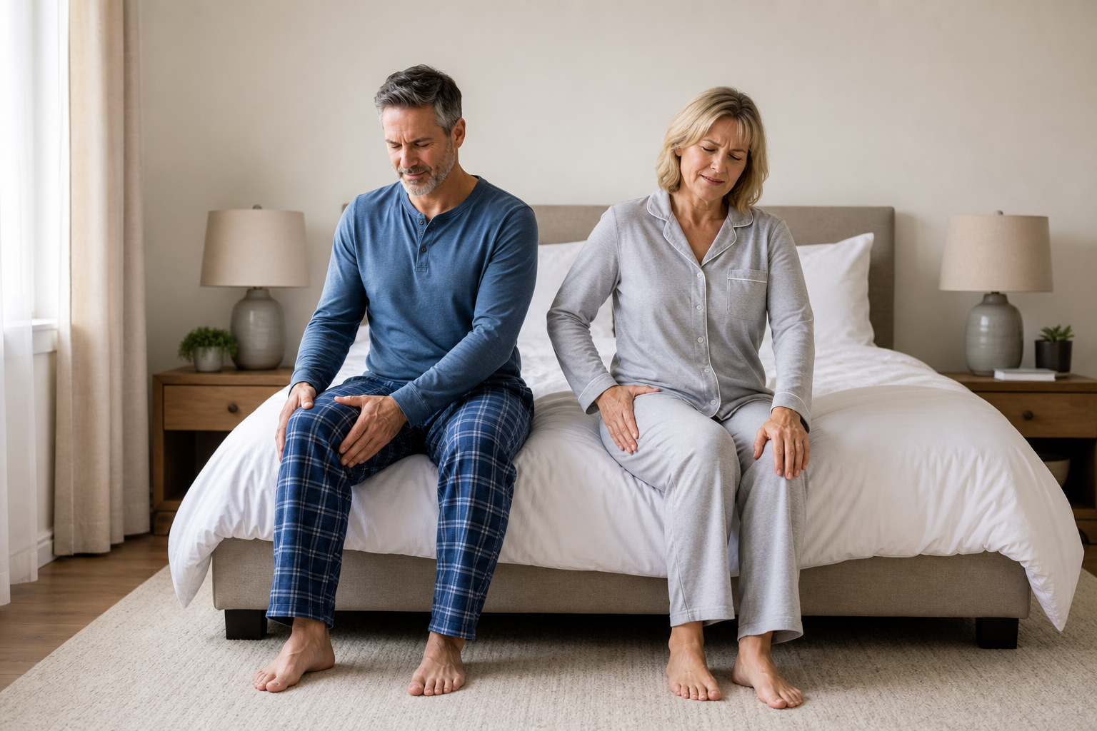Couple sitting on bed with hip and knee pain, seeking sleep relief