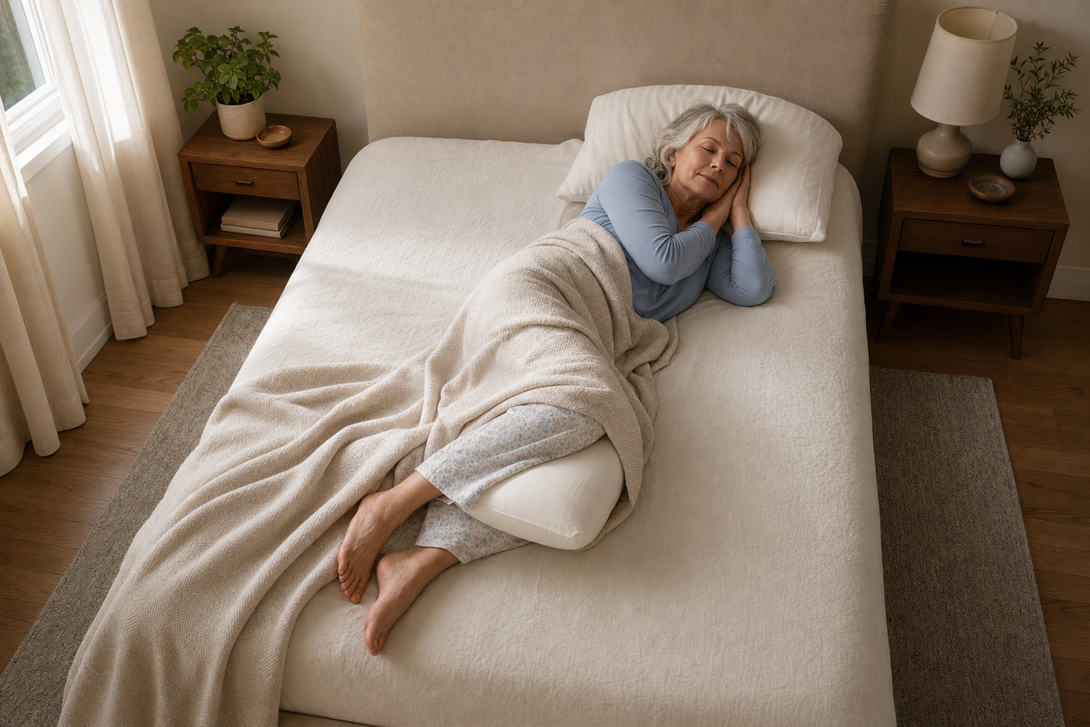Older woman sleeping on her side with a knee pillow for joint pain support