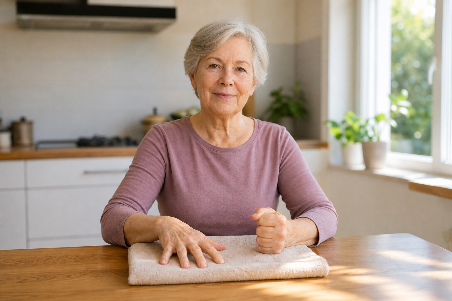 Older adult hands doing gentle fist exercise for arthritis on towel