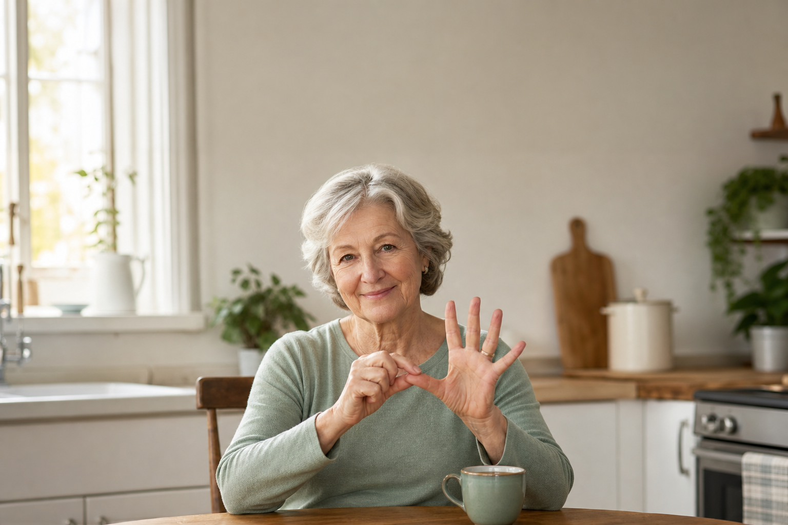Elderly woman doing thumb-to-finger exercise for finger joint arthritis