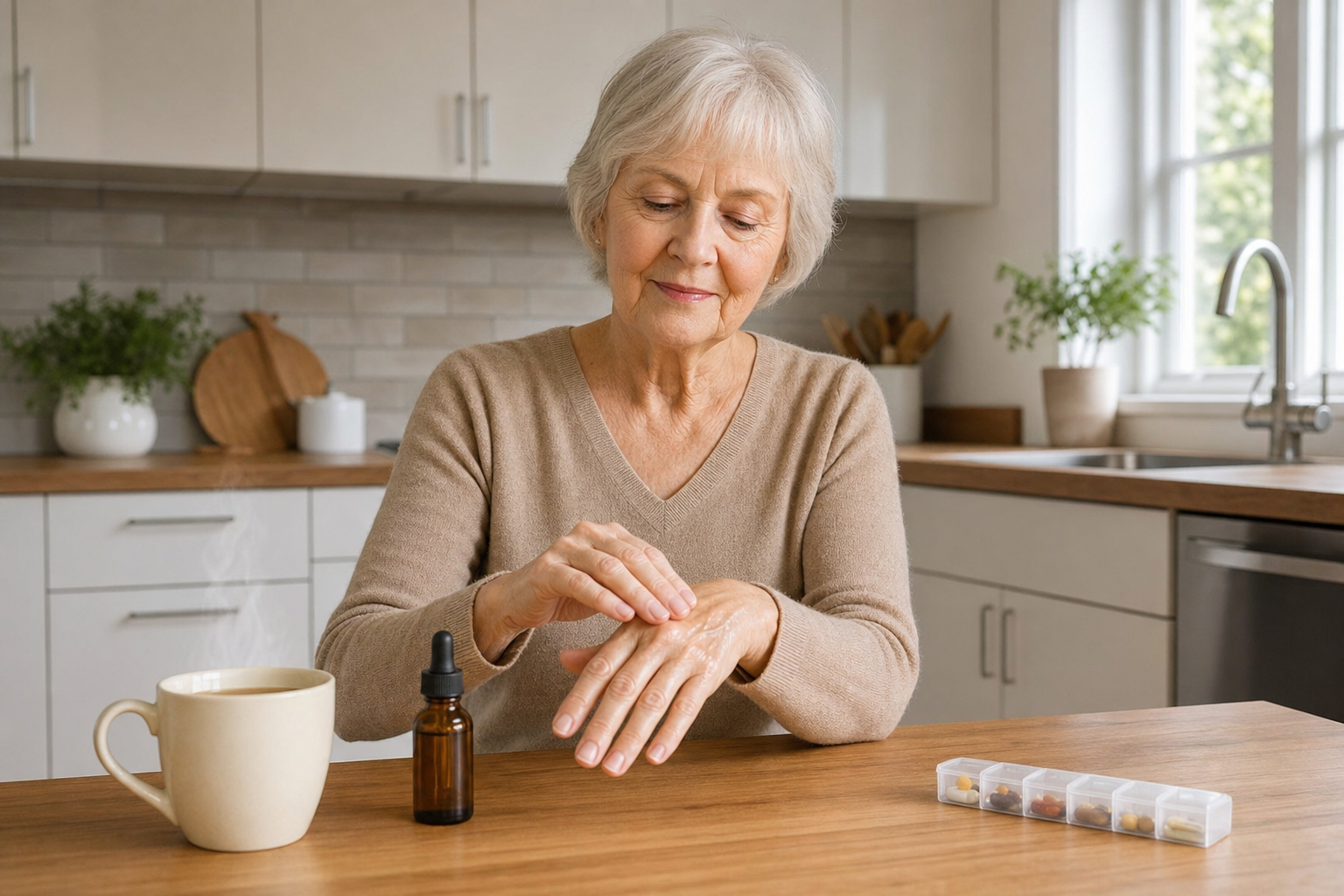 Senior woman using CBD oil for hand pain at kitchen table