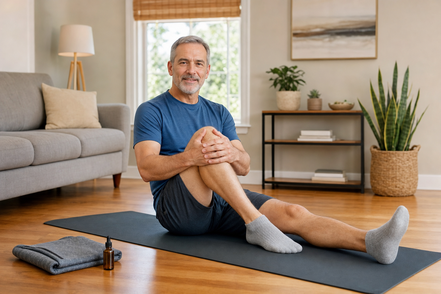 Man stretching knee on yoga mat with CBD oil and heating pad nearby