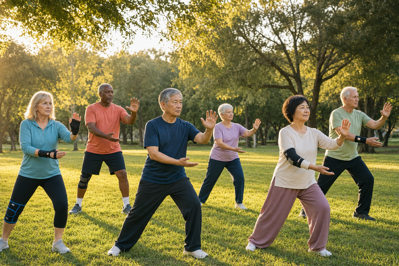Older adults practicing tai chi for arthritis relief in a green park
