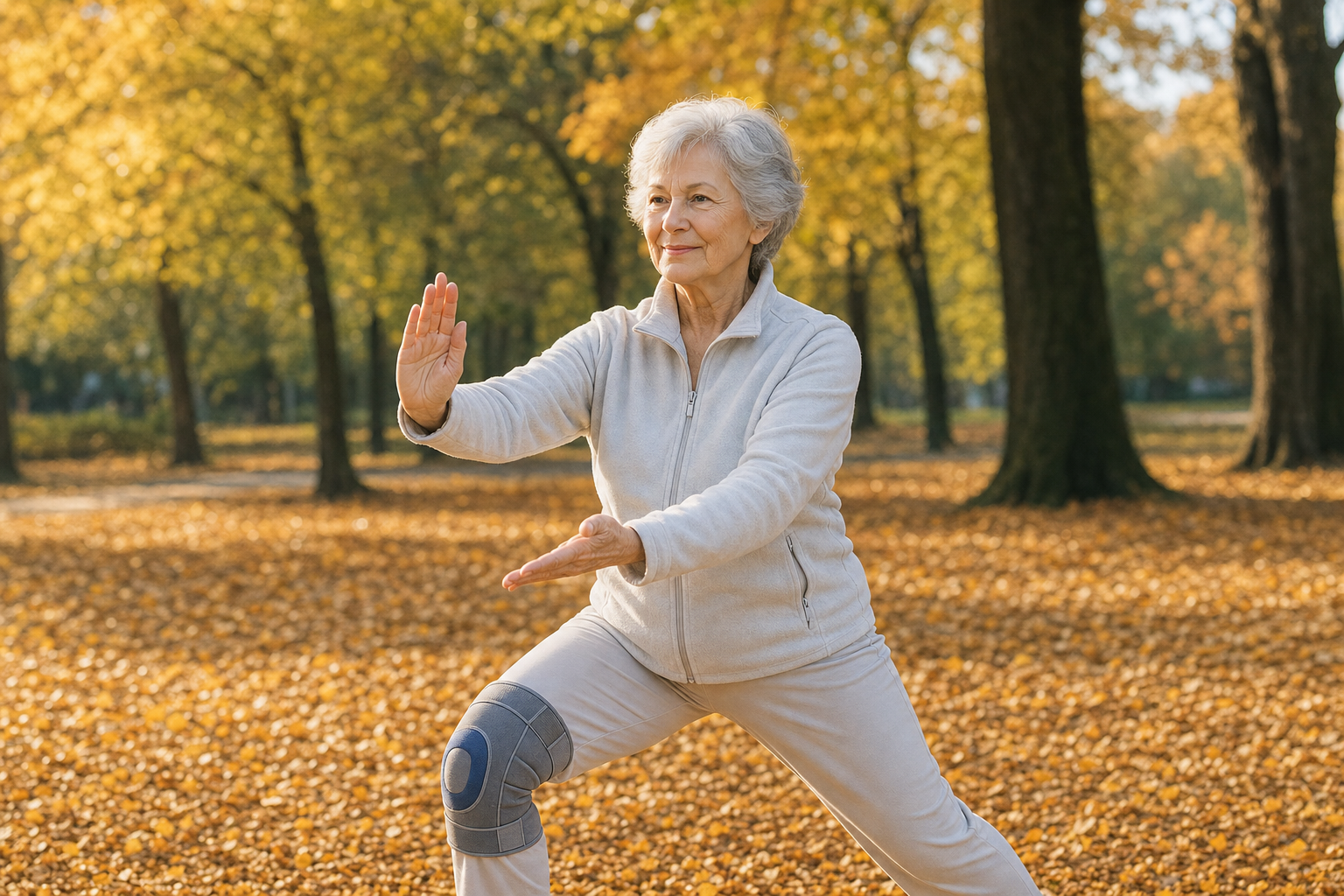 Woman with knee brace practicing tai chi, demonstrating joint support