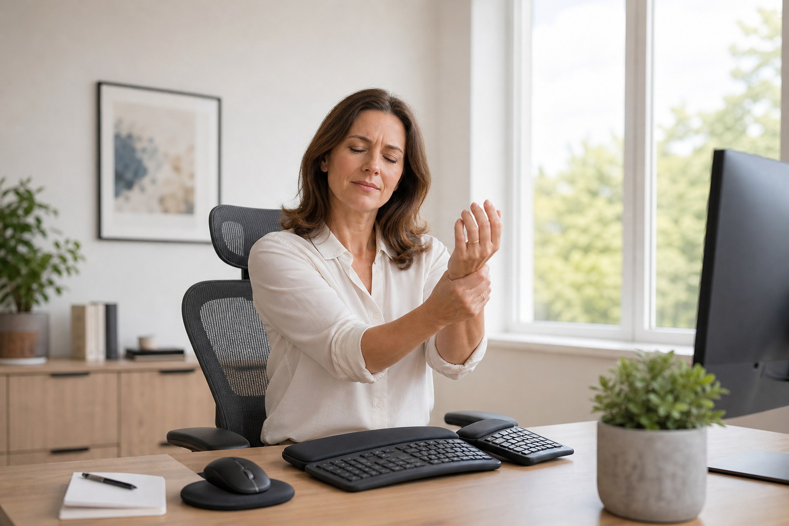 Desk worker using ergonomic tools and stretching painful wrist
