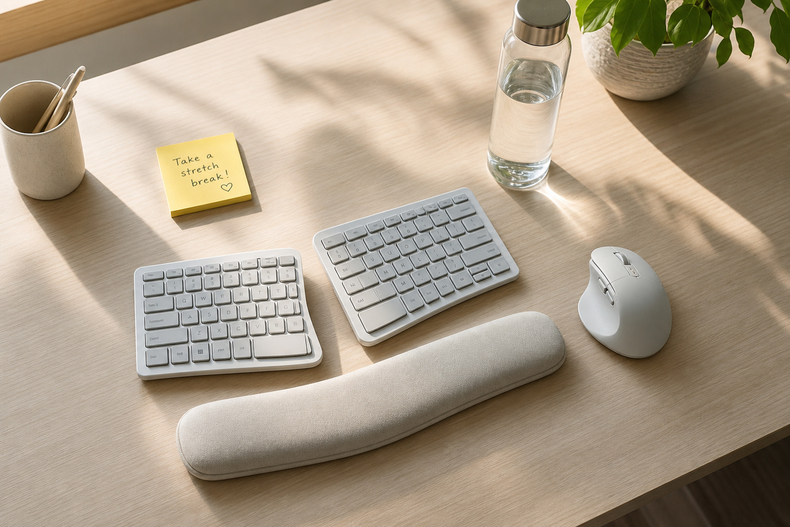 Ergonomic desk setup with split keyboard, wrist rest, and reminder note