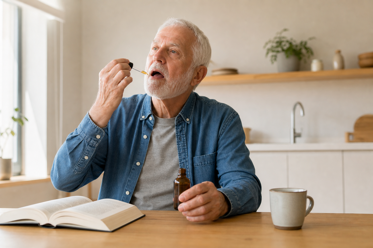 Senior man using CBD tincture for arthritis pain at kitchen table