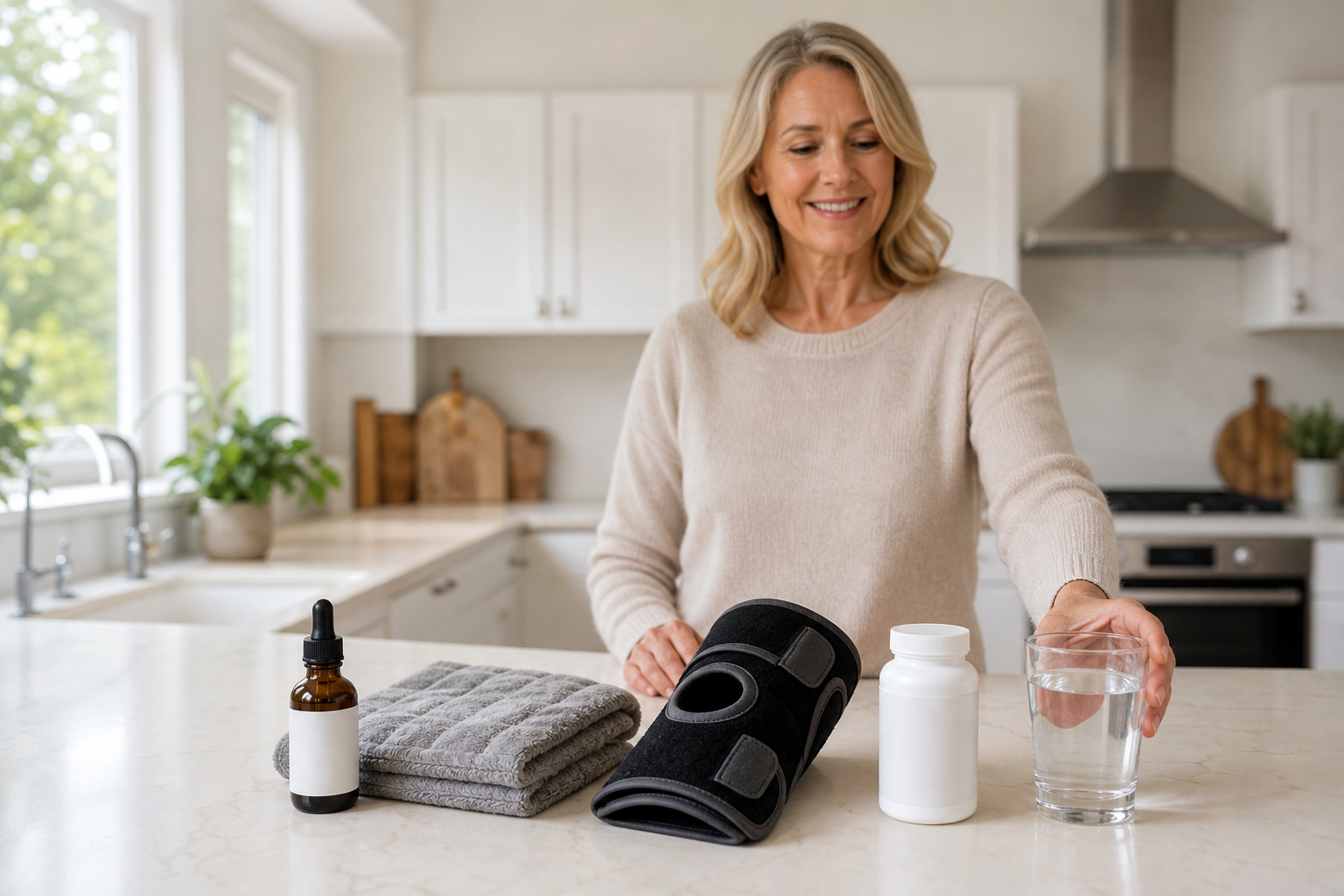 CBD oil and joint care tools on kitchen counter for arthritis relief