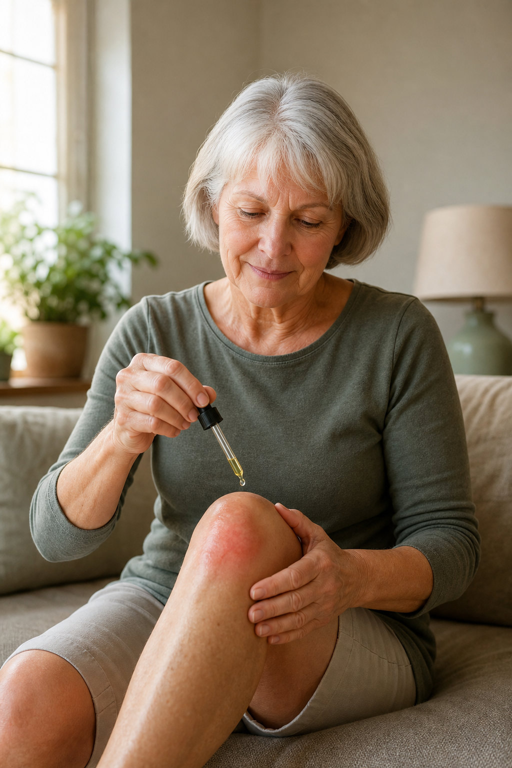 Applying CBD oil to knee for joint pain in a home setting