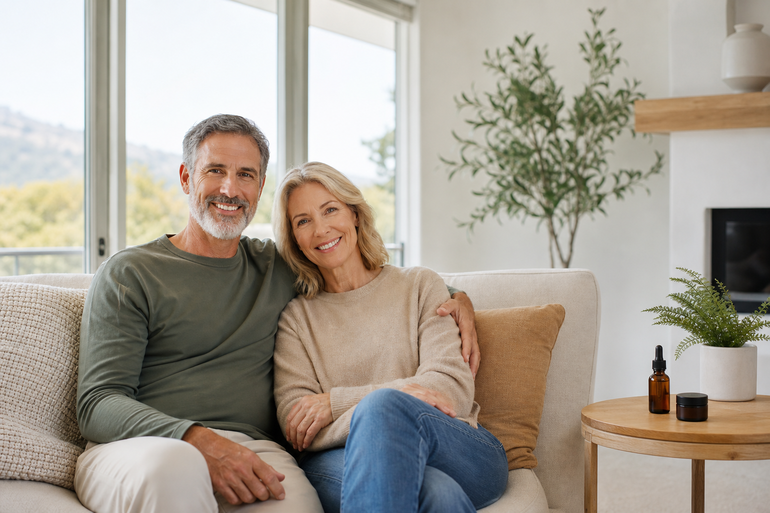 Couple sitting with CBD oil and cream for joint pain relief
