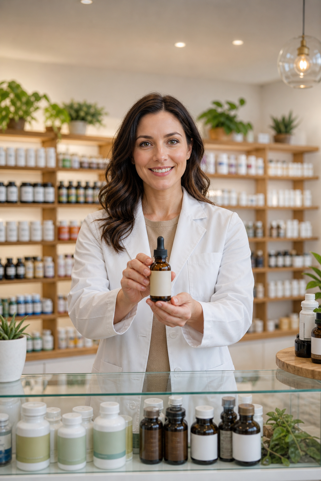 Pharmacist presenting CBD oil bottle in wellness store