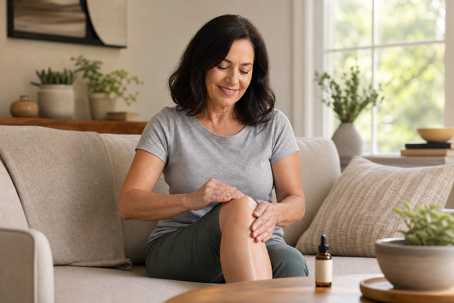 Woman applying CBD oil to her knee on a couch with natural light.