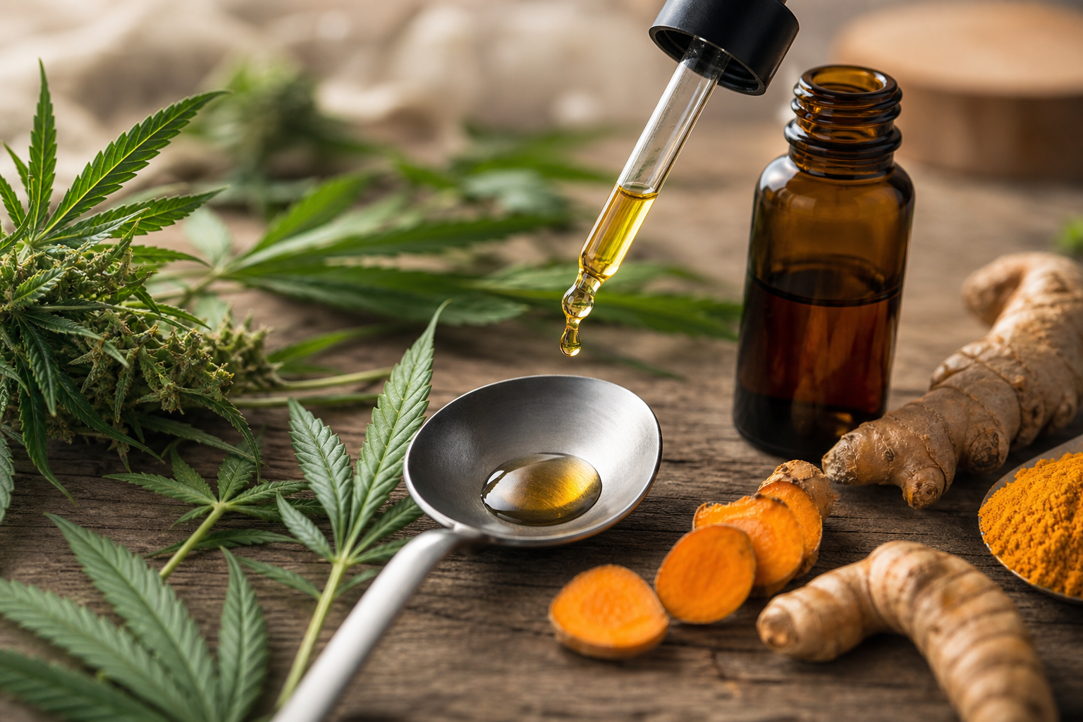 CBD oil dropper and natural ingredients on wooden table.