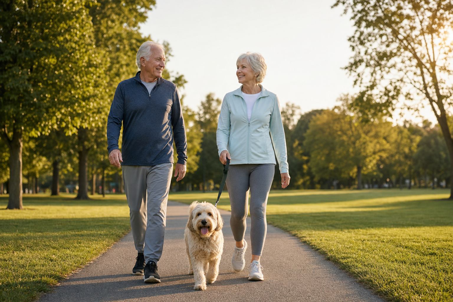 Active elderly couple with dog, walking in a park, appearing comfortable and mobile.