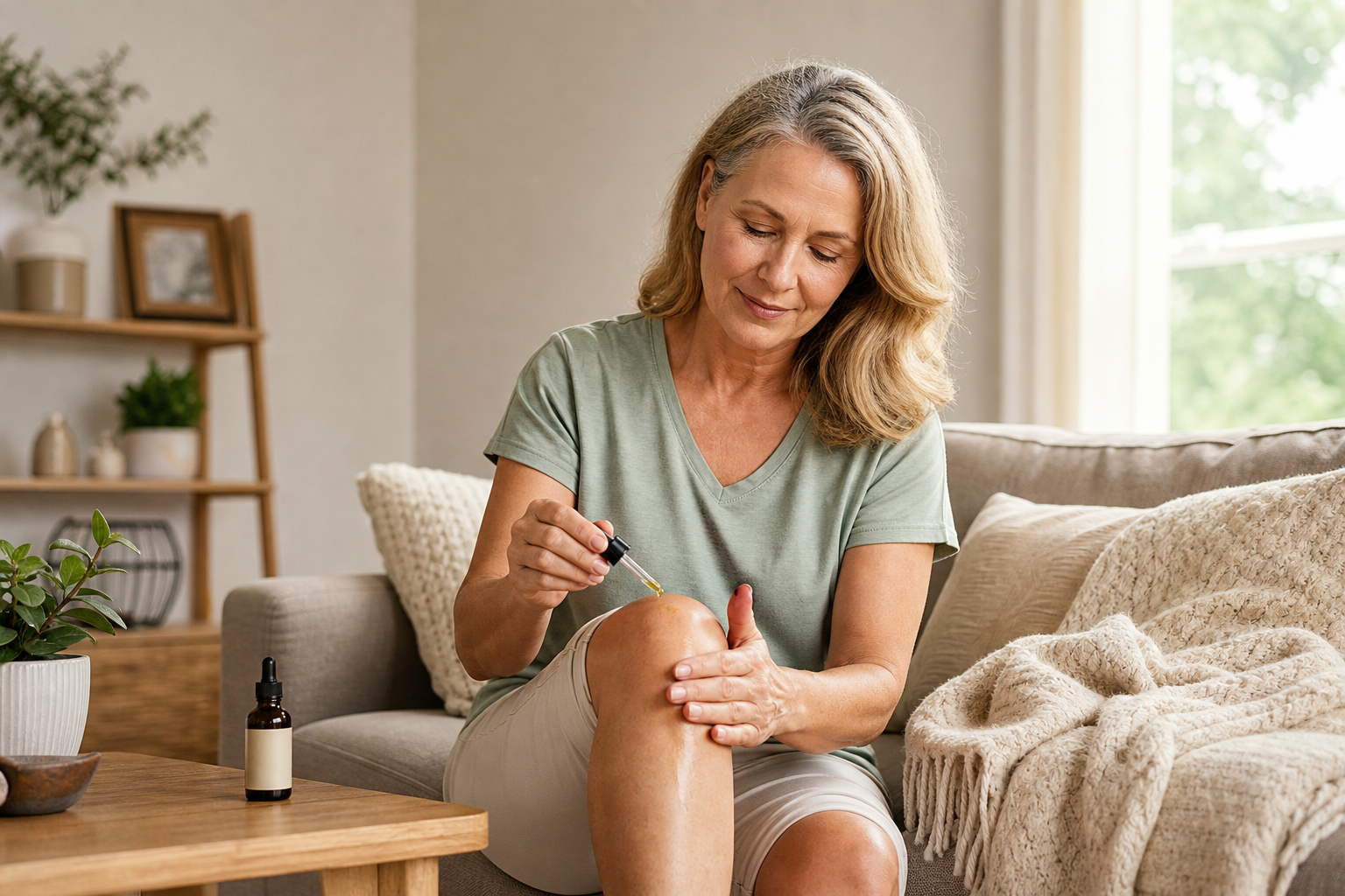 Woman applying CBD oil to knee for joint pain relief