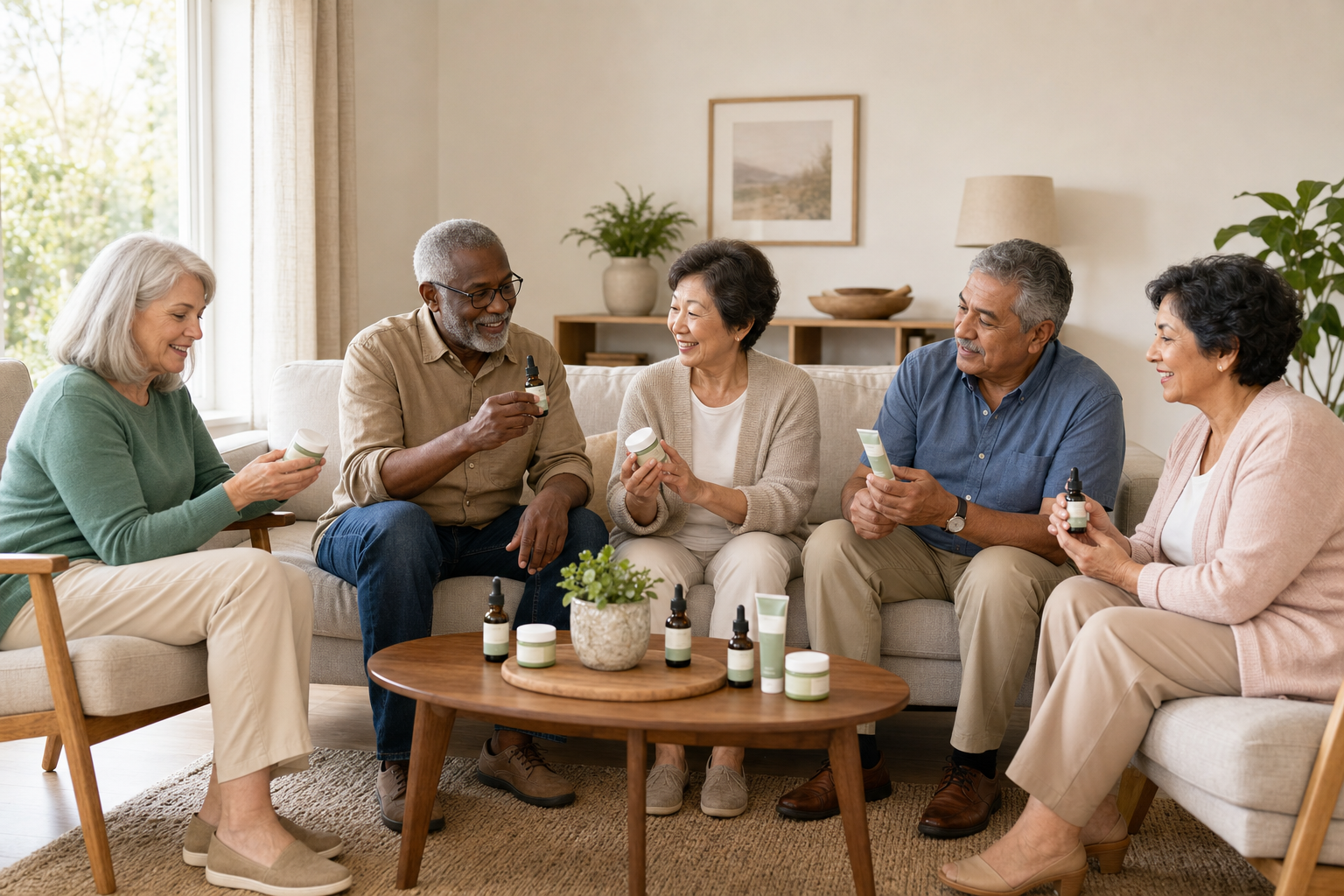 Older adults discussing and comparing CBD oil products for joint pain
