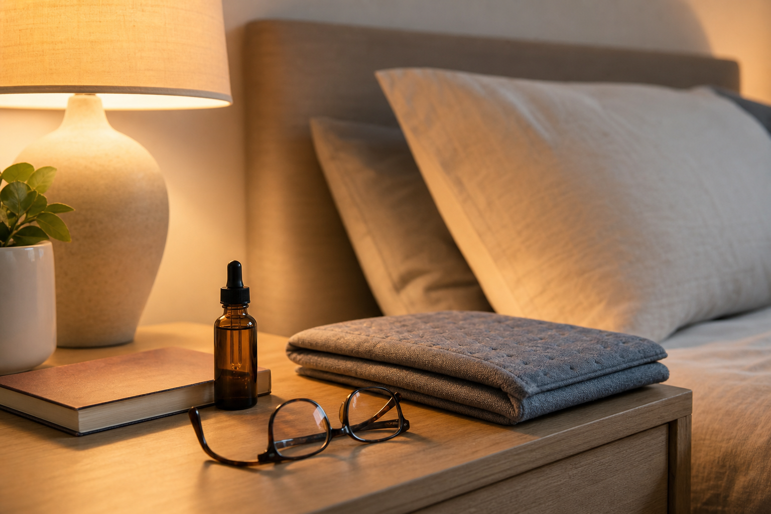 CBD oil bottle on bedside table with book and heating pad at night