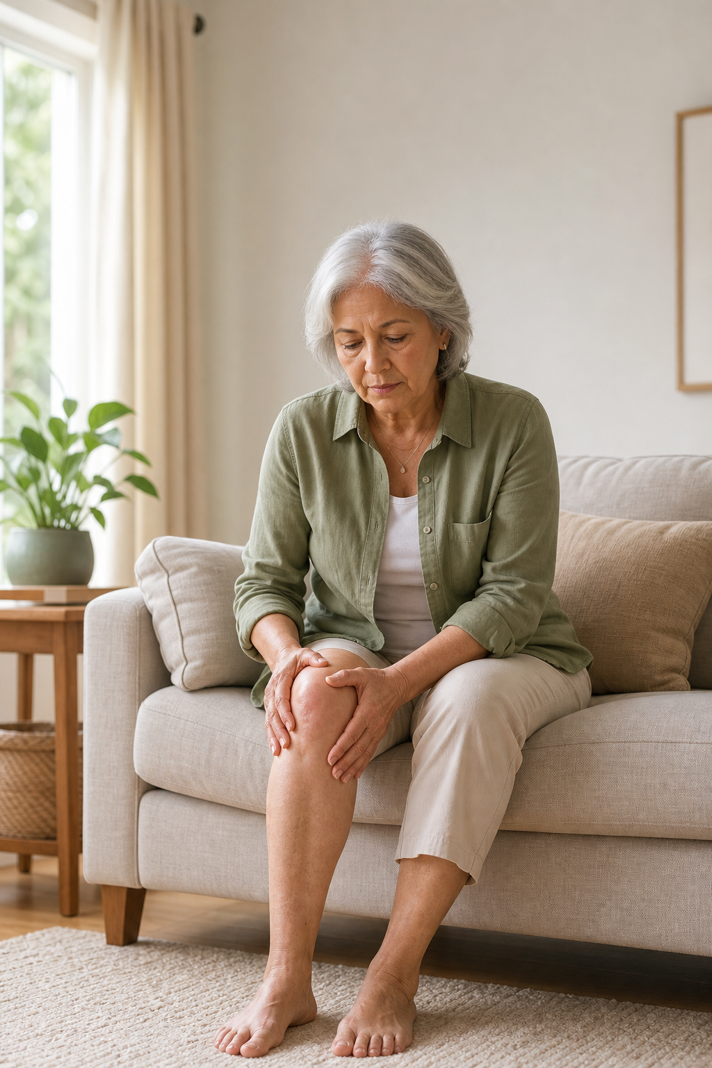 Older woman massaging swollen knee at home to relieve joint inflammation