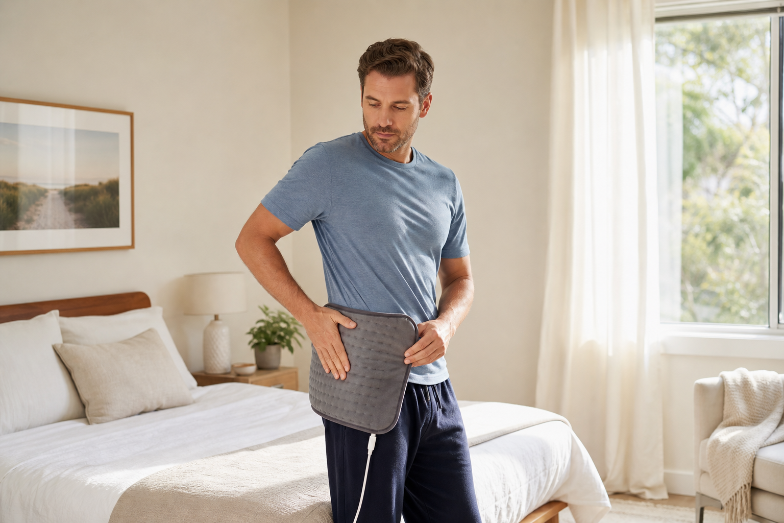 Man using an extra-large heating pad on hip for natural joint pain relief
