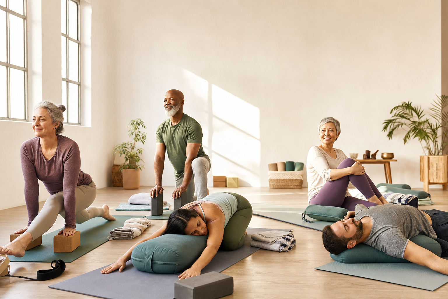 People doing gentle yoga poses for joint stiffness and mobility in a sunlit studio