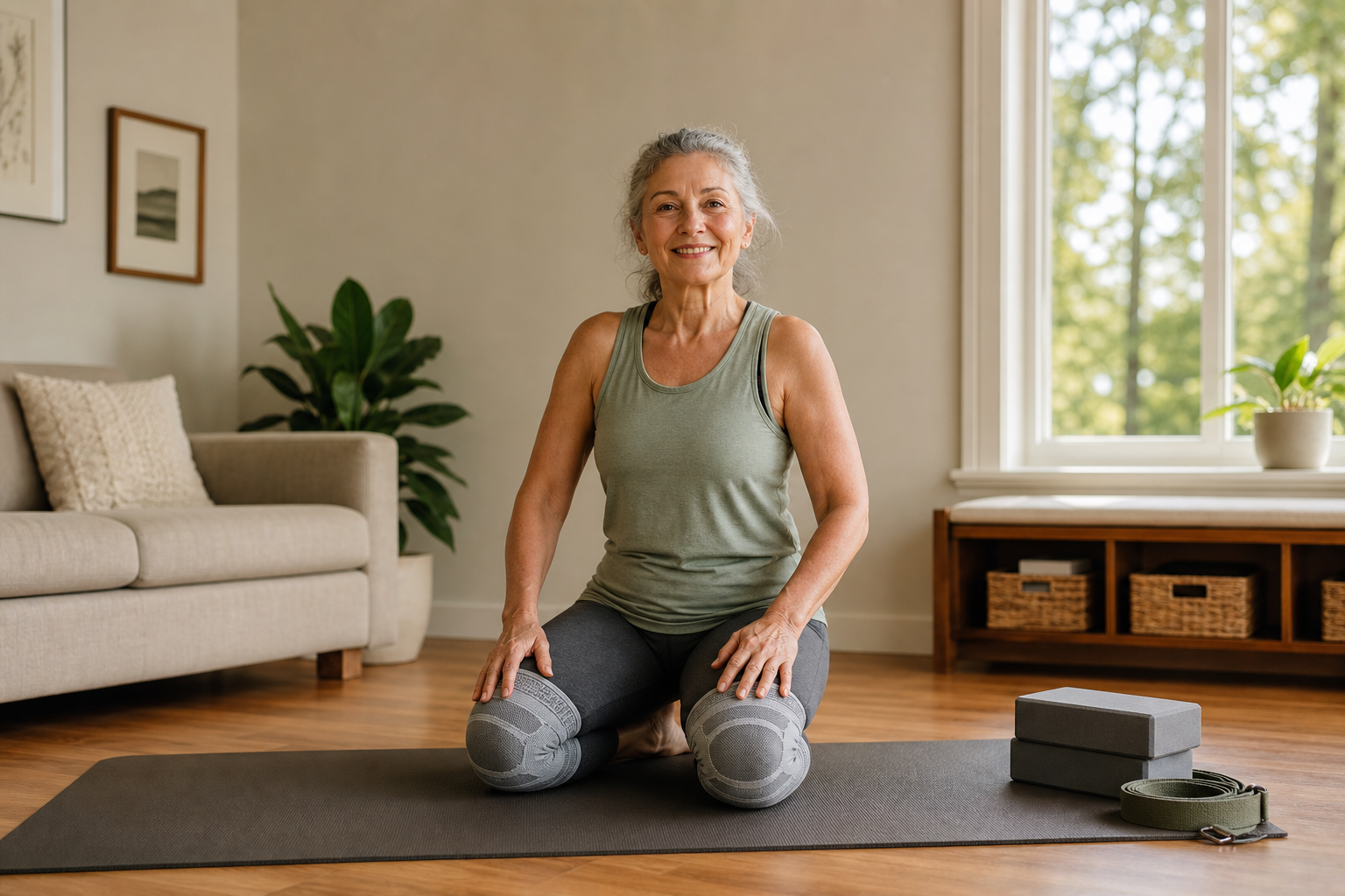 Older adult using compression knee brace during yoga on a mat at home