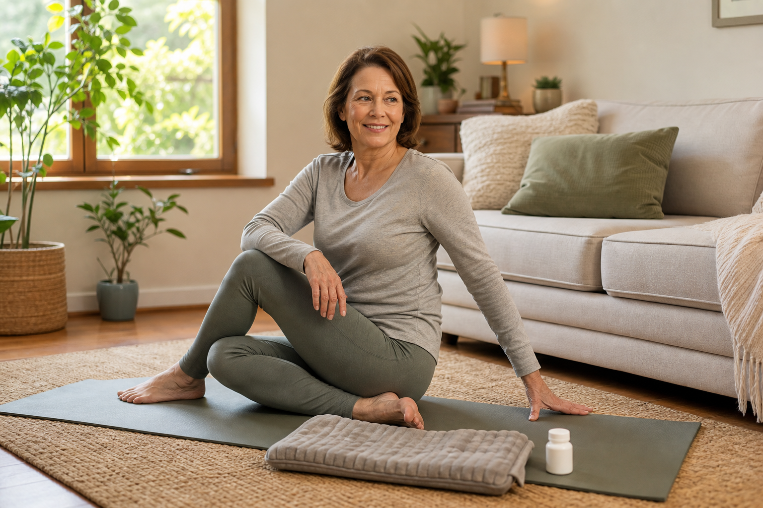 Woman stretching on yoga mat with heating pad and supplement for joint mobility