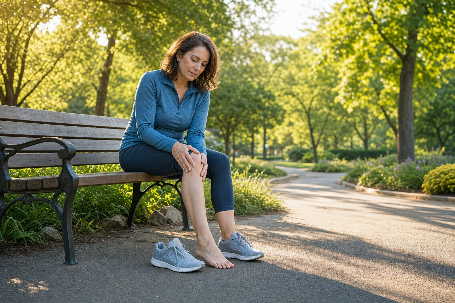 Woman with knee arthritis resting on a bench, massaging knee, shoes by her side