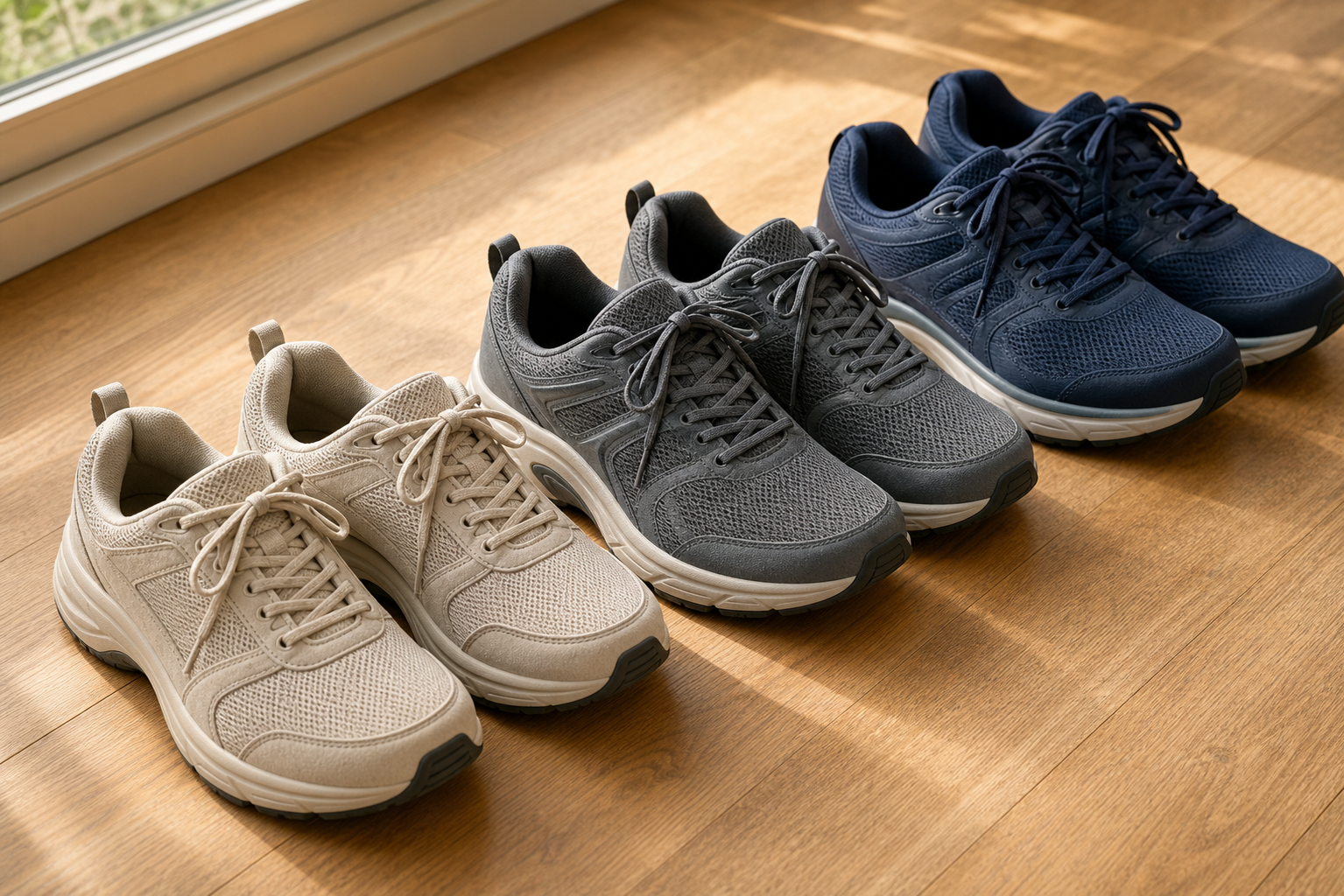 Three supportive walking shoes for arthritis with different arch types and toe boxes