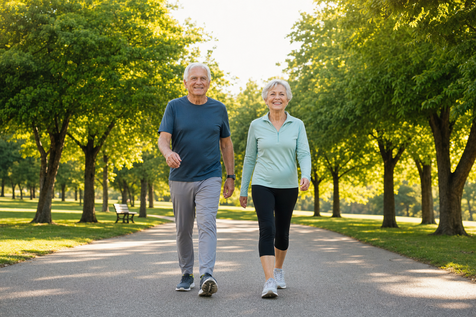 Senior couple walking outdoors in supportive walking shoes, knee brace visible